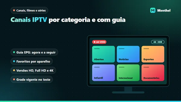 Tela de TV com a grade de canais dividida em abertos, notícias, esportes, infantil, internacional e documentários