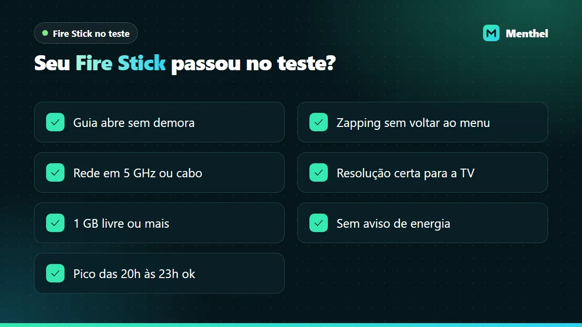Checklist do Fire Stick durante a avaliação: guia rápido, zapping estável, rede 5 GHz, resolução correta, espaço livre e pico da noite
