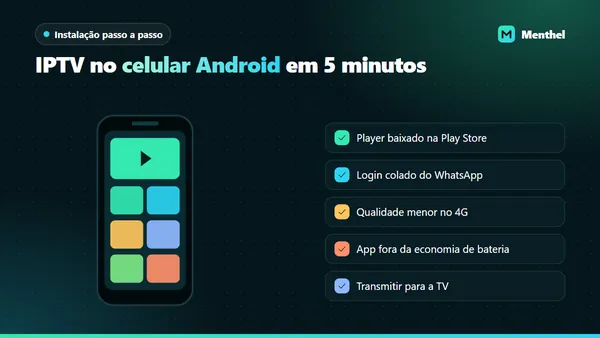 Celular Android com player de IPTV ao lado da lista de ajustes: app da Play Store, login colado, qualidade menor no 4G e transmissão para a TV
