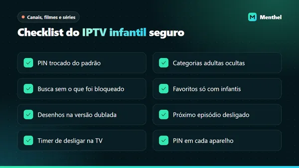Checklist de segurança para crianças no IPTV com PIN trocado, categorias adultas ocultas, favoritos infantis e timer da TV