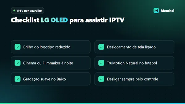 Checklist de ajustes para assistir IPTV numa TV LG OLED sem marcar a tela, com brilho do logotipo e deslocamento de tela