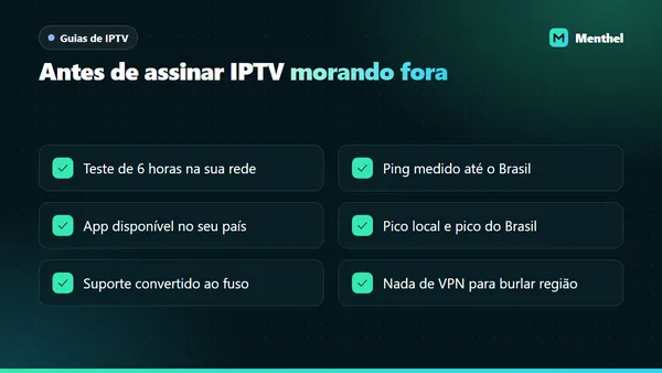 Checklist para assinar IPTV morando fora do Brasil: teste na própria rede, ping até o Brasil, app do país, horários de pico e suporte