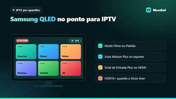Smart TV QLED com a grade de IPTV aberta e a lista de ajustes de imagem recomendados para filmes e futebol