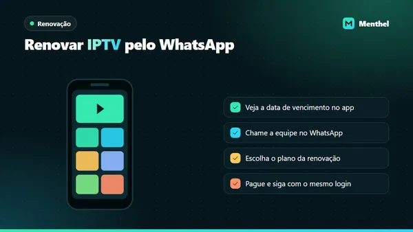 Ilustração de celular ao lado dos quatro passos para renovar o IPTV: ver o vencimento, chamar a equipe, escolher o plano e manter o login