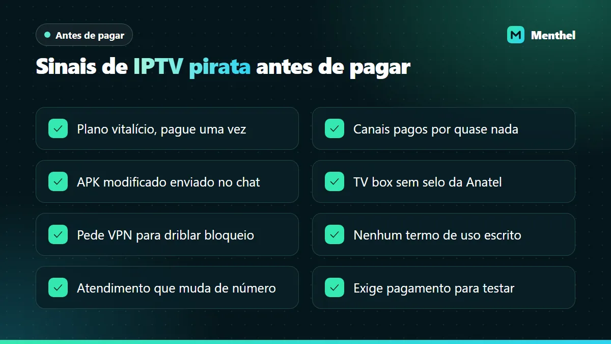 Checklist com oito sinais de alerta de um serviço de IPTV irregular, como plano vitalício, APK modificado enviado no chat e pedido de VPN